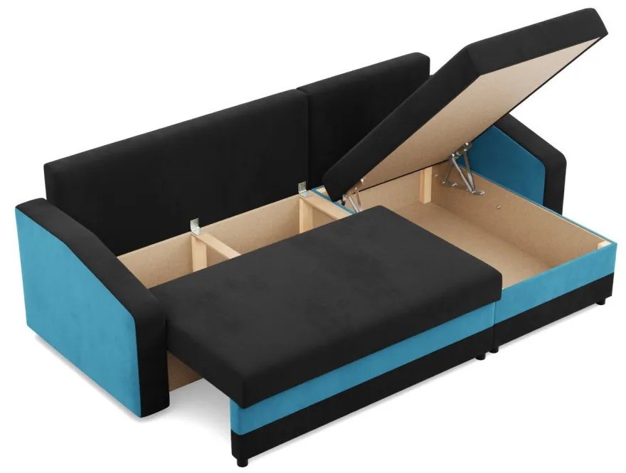 Hewlet sarokkanapé, 2 ágyneműtartóval, szövet anyag, univerzális oldal, bonell töltet, fekete - kék