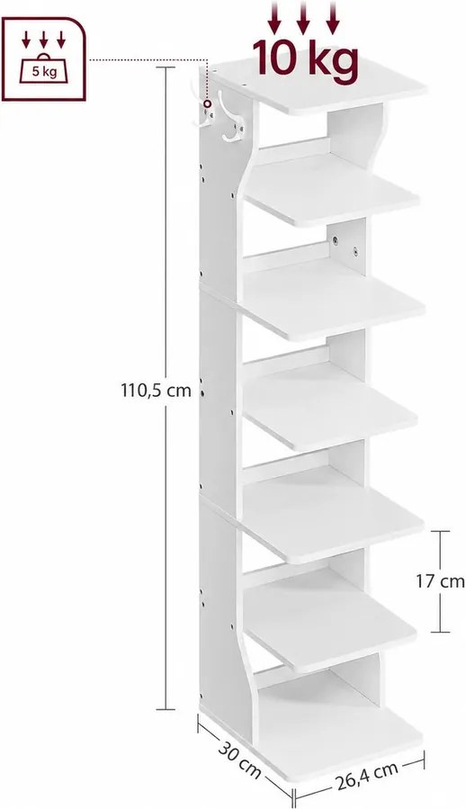 7 szintes keskeny cipőtartó 2 akasztóval, 26,4 × 30 × 110,4 cm, fehér