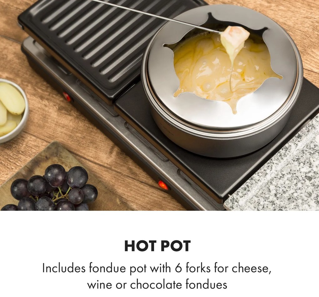 Klarstein Fonduelette XL, 3 az 1-ben raclette grill fonduevel, 1650 W, természetes kő, 12 személyre