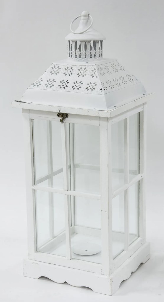 Vintage fehérre koptatott fa mécsestartó üvegezett lámpás lantern 2db-os szett fém tetővel 62x25x25 / 40x17x17cm