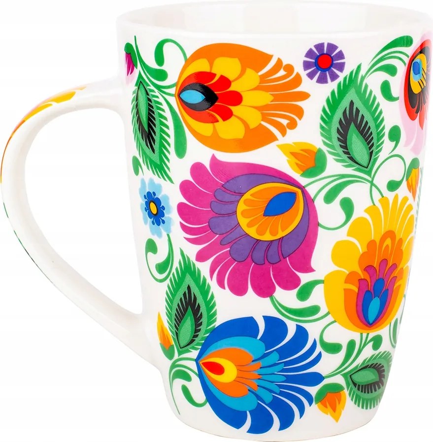 Nagy bögre Jacek fehér népi virágmintával kávéhoz és teához 420 ml porcelán