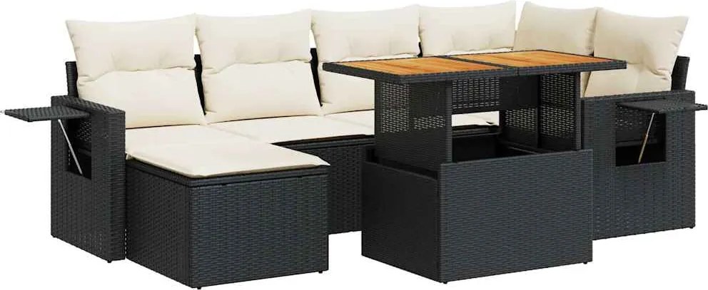 vidaXL 7 részes fekete polyrattan kerti ülőgarnitúra párnával