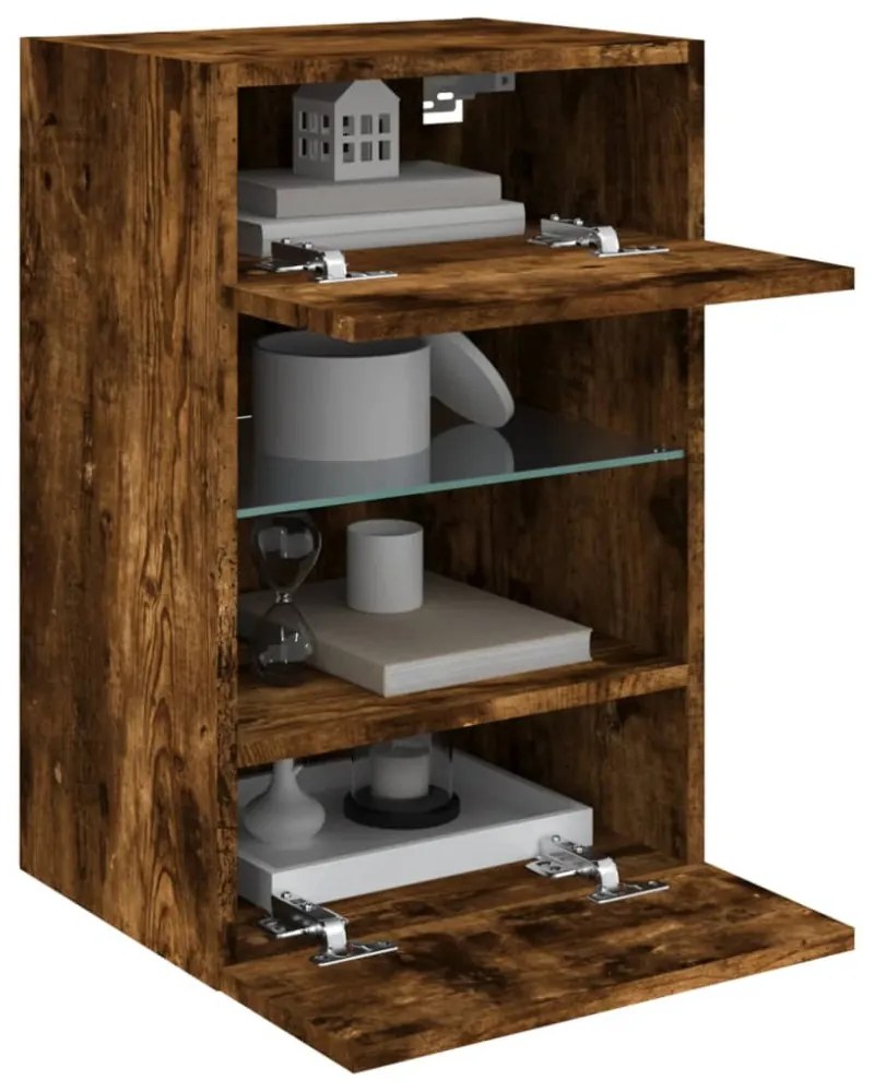 2 db füstös tölgy fali szekrények LED világítással TV-hez 40x30x60,5 cm