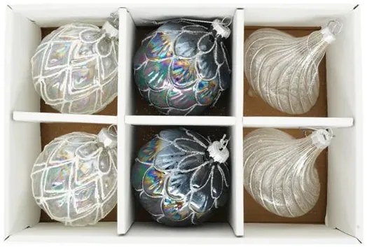 Karácsonyi üveg gömb dísz toboz hagyma dombor mintával 8 cm 6 db szett