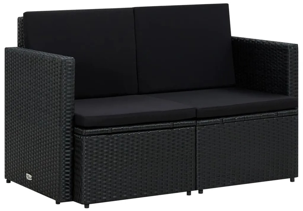 Fekete kétszemélyes polyrattan kerti kanapé párnákkal
