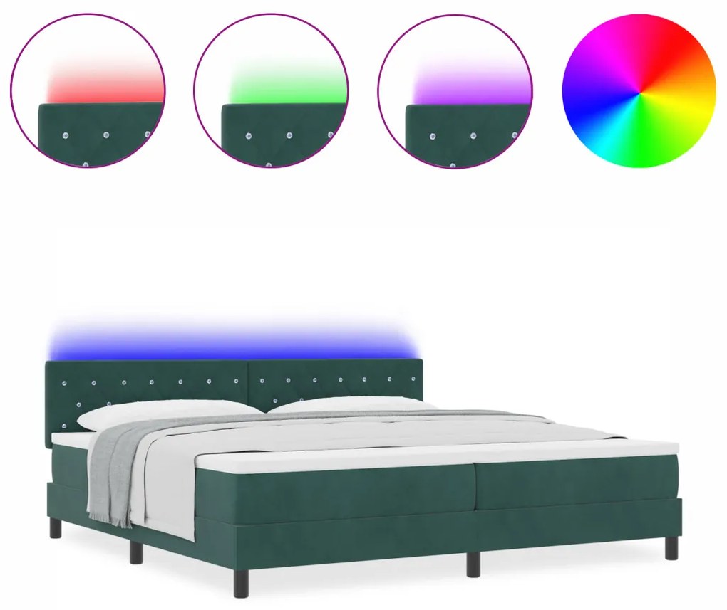 Box Spring Ágy Matrac & LED Sötét Zöld 200x200 cm Bársony