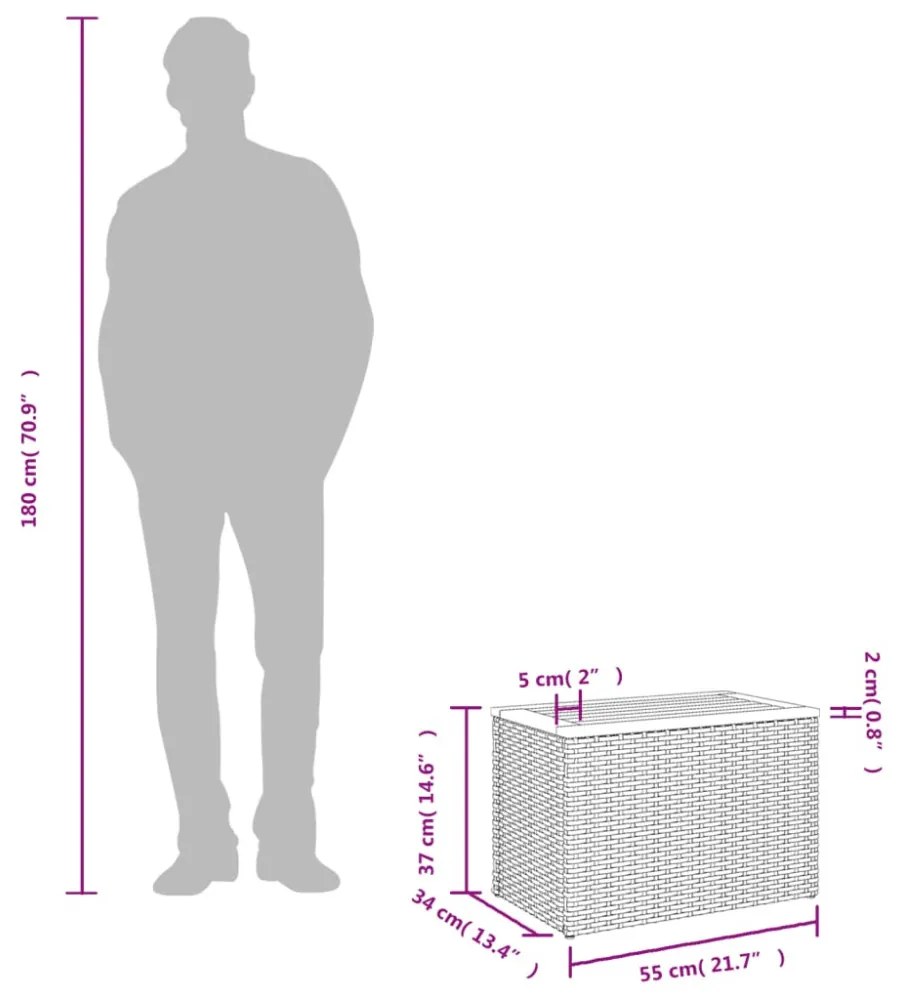 2 db fekete polyrattan és tömör fa kerti kisasztal 55x34x37 cm