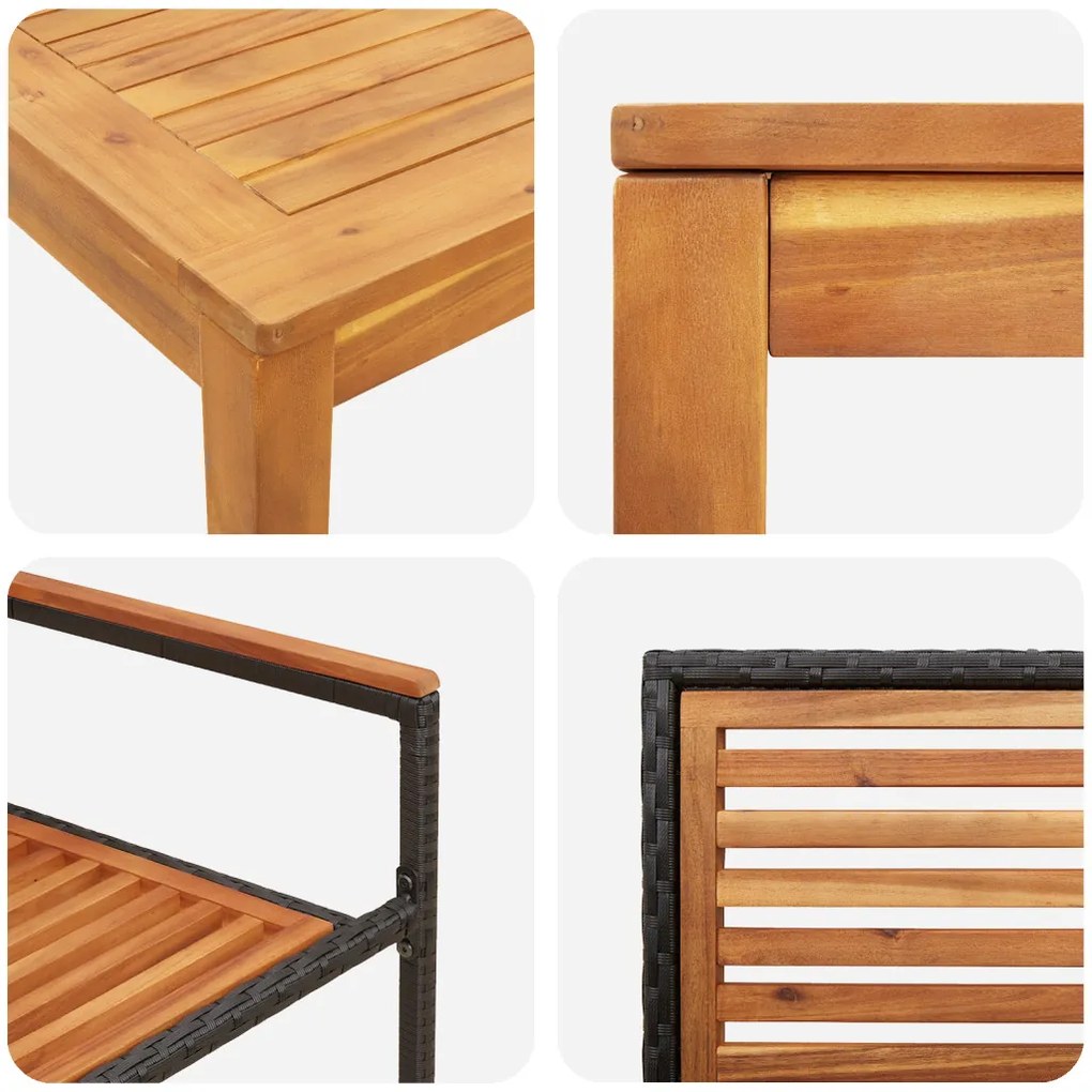 3 darabos Kerti Étkező Garnitúra Fekete Polyrattan Akác, Egymásra Rakható Kerti Székek Párnákkal 2 db Fekete Polyrattan