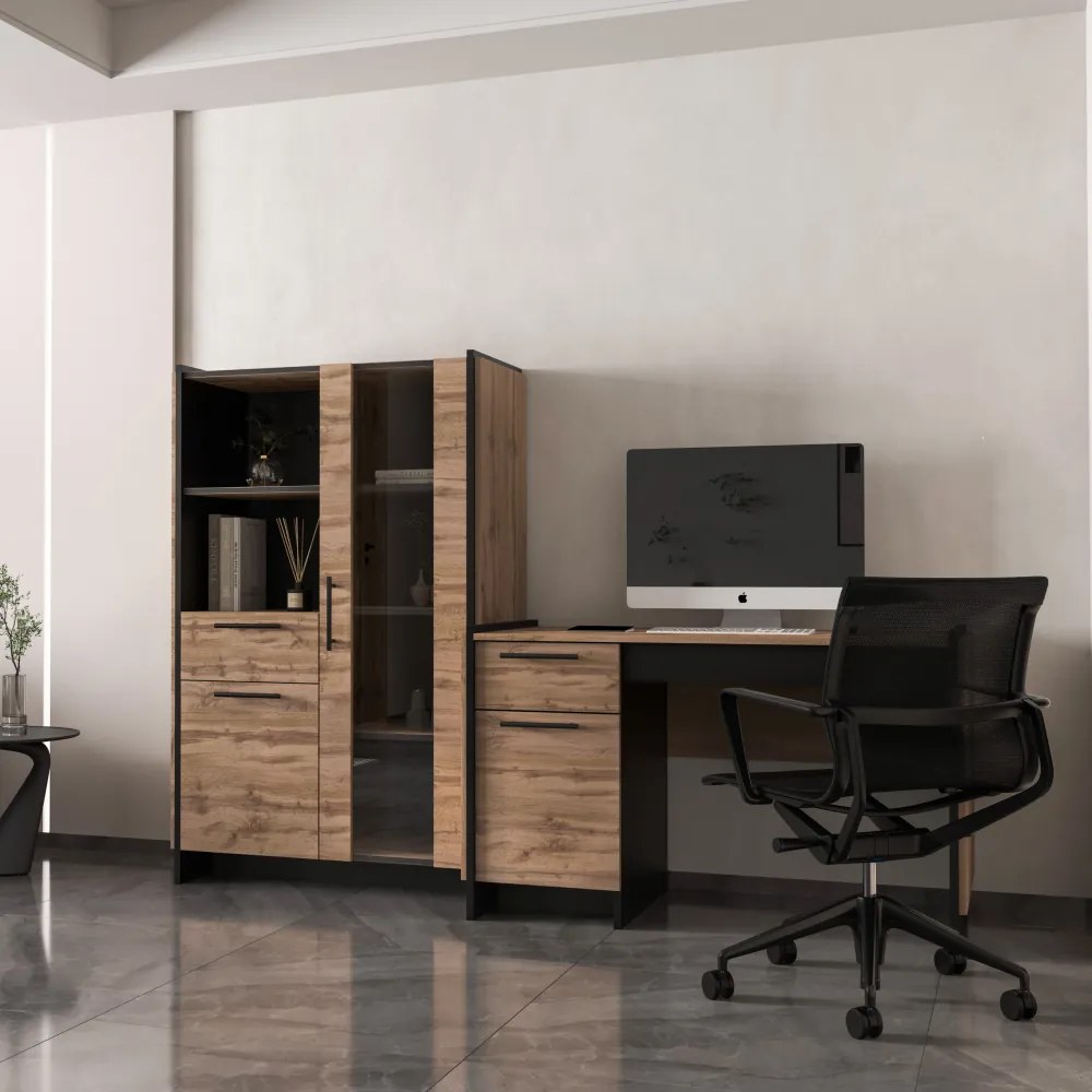 PC asztal 130, wotan tölgy/fekete, AMONI 1D1S