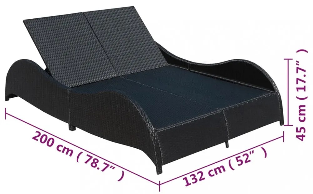 fekete kétszemélyes polyrattan napozóágy párnával
