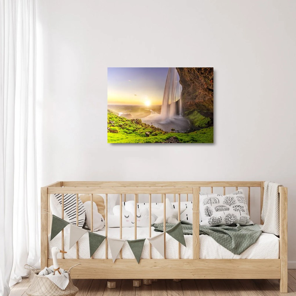 Üveg kép - Seljalandsfoss a barlang mögül (70x50 cm)