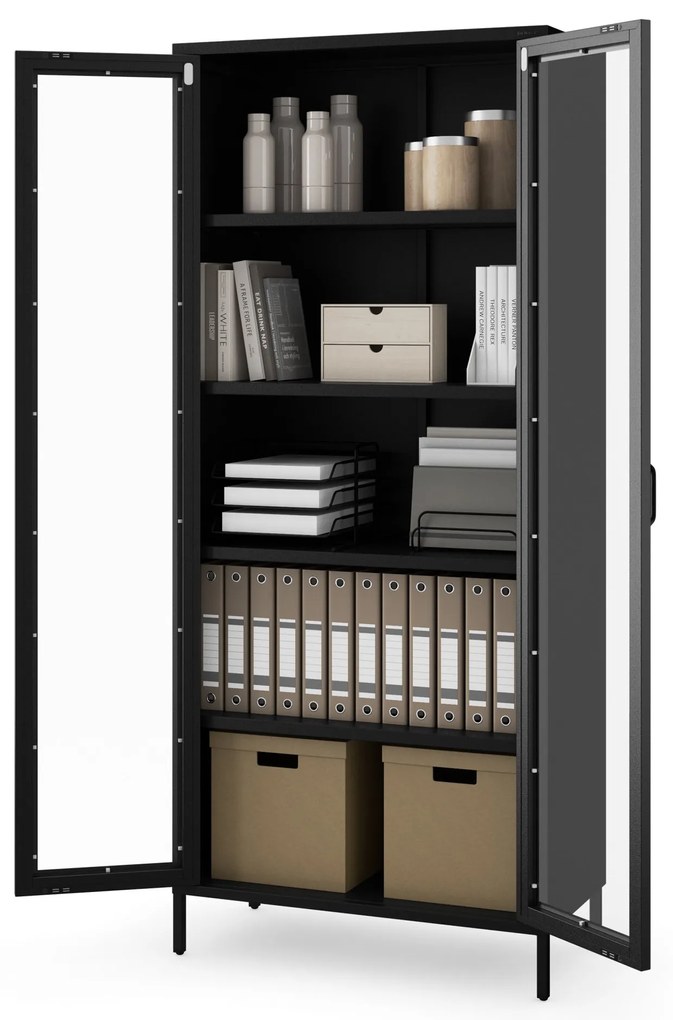 ANGELO üveges vitrin nappaliba – fekete fém, 800 x 1850 x 450 mm