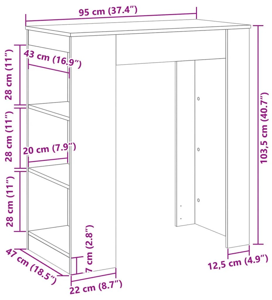 füstös tölgy szerelt fa bárasztal tárolókkal 95 x 47 x 103,5 cm