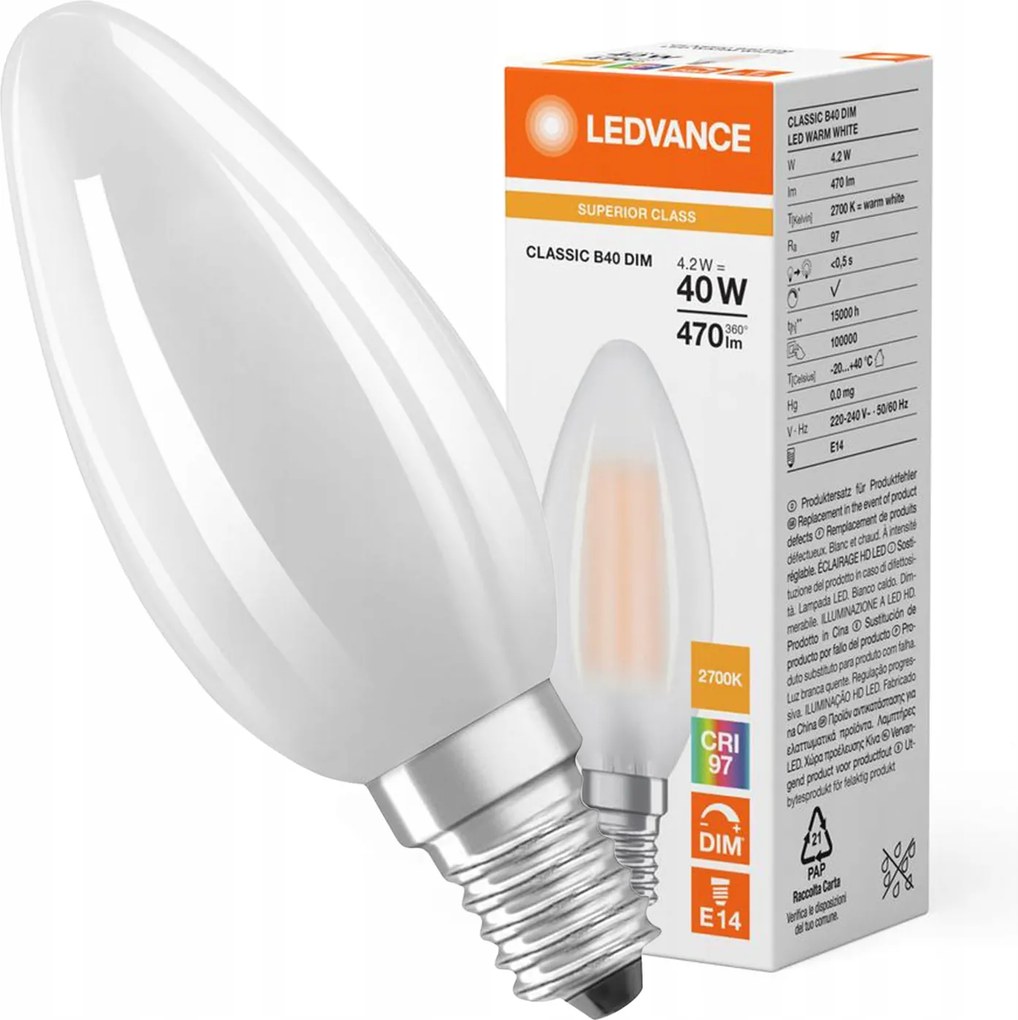 Led izzó B35 E14 4,2W 40W 470lm 2700K Fényerőszabályozható Ledvance Filament