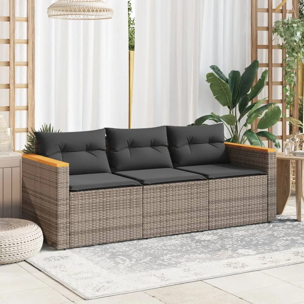 3 személyes szürke polyrattan kerti kanapé párnával