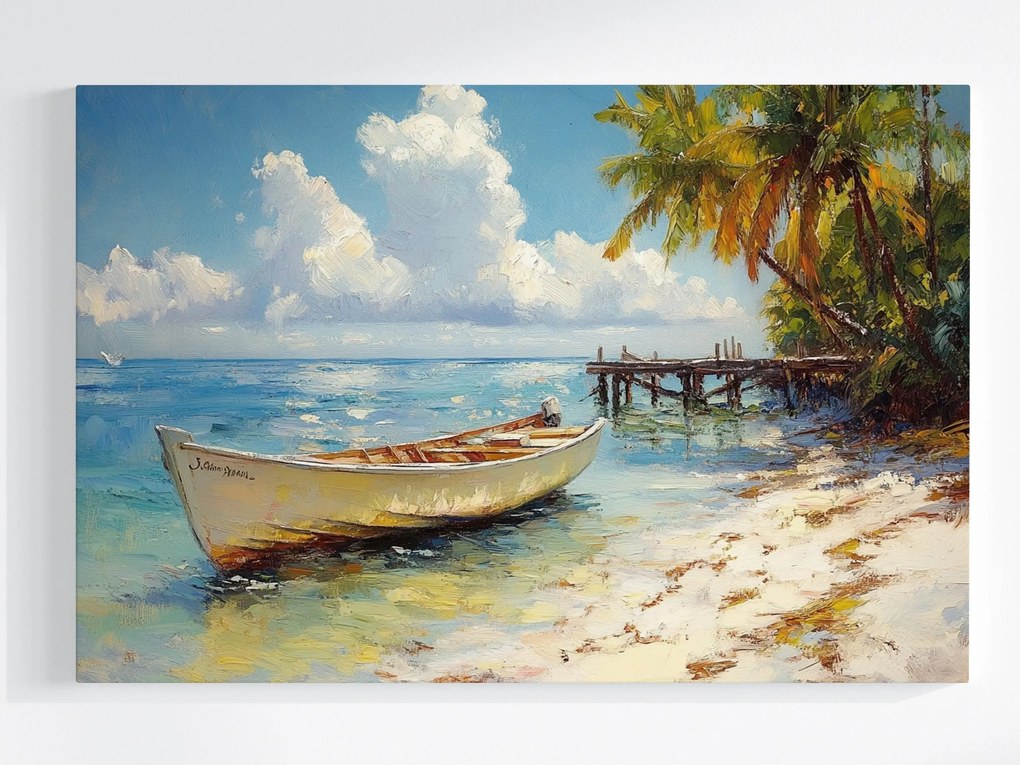 Vászonkép Canvas Tájkép Óceán Tengerpart Pálmafák Kikötő Móló Csónak 60x40