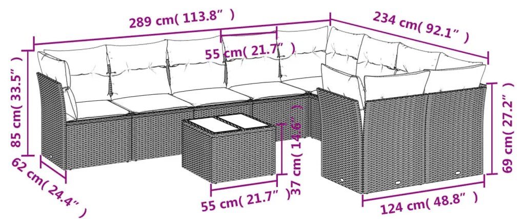 10 részes világosszürke polyrattan kerti ülőgarnitúra párnákkal