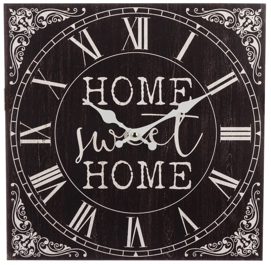 Home Sweet Home fekete vintage mintás szögletes kvarc falióra római számokkal 34x34x2,5cm