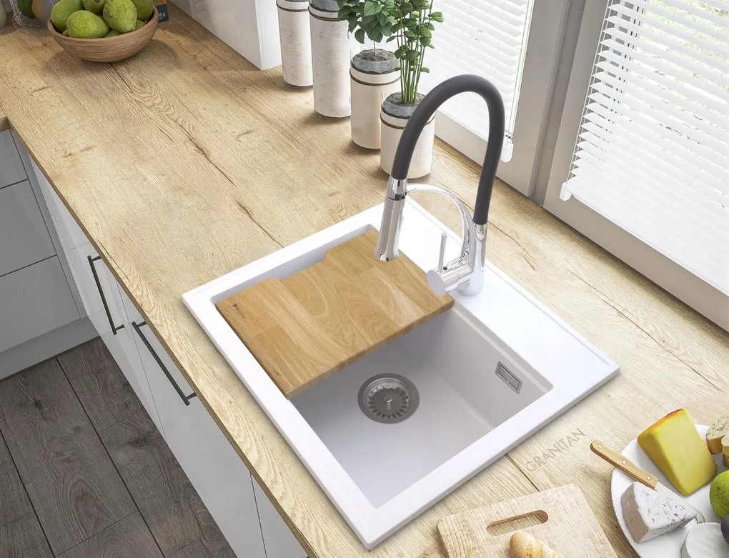 SINK Quality Mosogató Minőségi Ferrum Új 5055, 1 kamrás gránit mosogató 560x500x210 mm + króm szifon, fehér, SKQ-FER.5055.WH.X