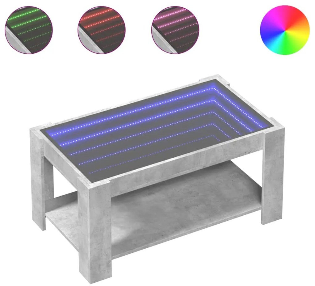 Betonszürke szerelt fa dohányzóasztal LED-del 93 x 53 x 45 cm