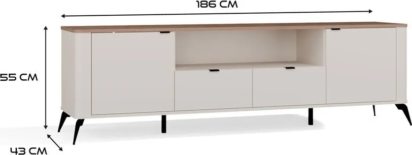 RTV CORDOBA 2D2S TV állvány 186x43x11.5 cm, kasmír, fekete lábakkal, tölgy fedlappal