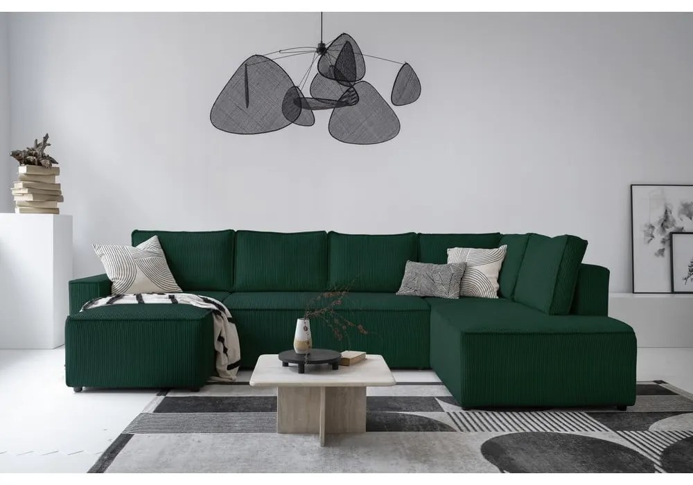 Sötétzöld kordbársony kinyitható sarokkanapé (jobb oldali-U alakú) Brave Dave – Miuform