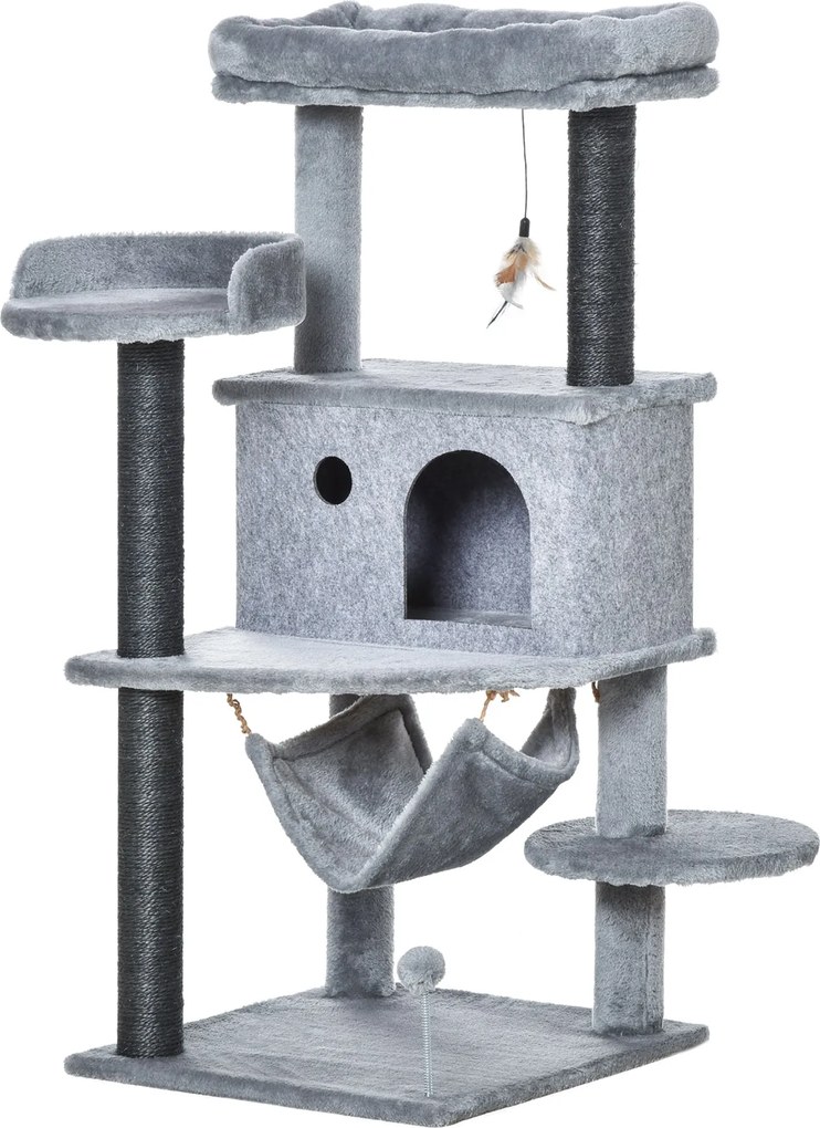 PawHut Macska Kaparó Fa 48x48x107 cm Macska Torony Levehető Filc Barlanggal, Hálóval, Puhább Ágyakkal, Több Platformmal, Zsákmányos Pókokkal és Játéko