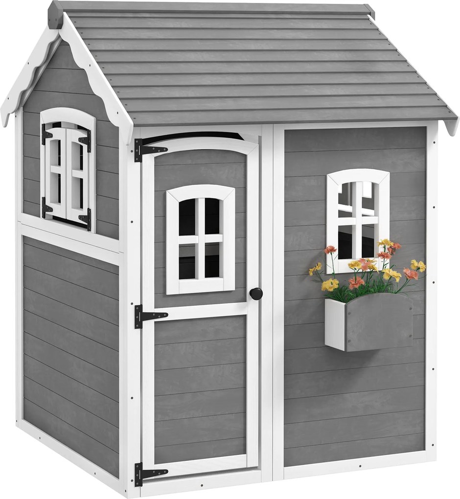 Outsunny Gyermek Játékház 3-8 Éveseknek 6 Ablakkal és Virágtartóval, Fából készült Játékház, 104,5x110x137 cm, Szürke | Aosom