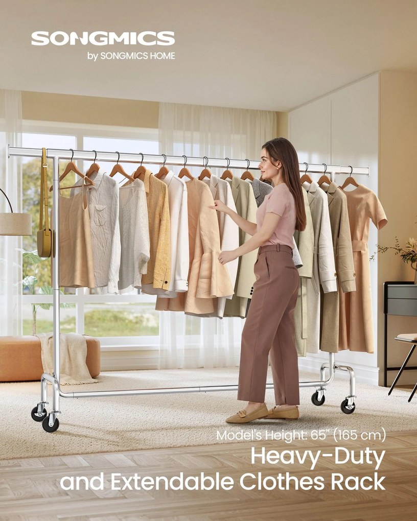 Ruhatartó állvány kerekekkel, 110 kg teherbírással, ezüst színben