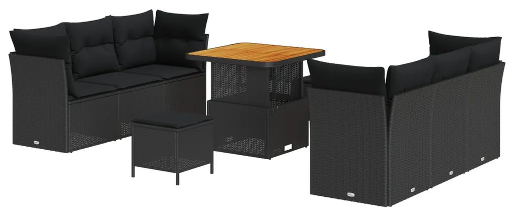 9 részes kerti kanapészett párnákkal fekete poli rattan akáccal, 3 részes kerti étkező garnitúra párnákkal fekete poli rattan akáccal