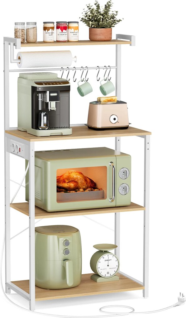 Szabadon álló 4 szintes konyhai polc konnektorokkal, arany tölgy-matt fehér