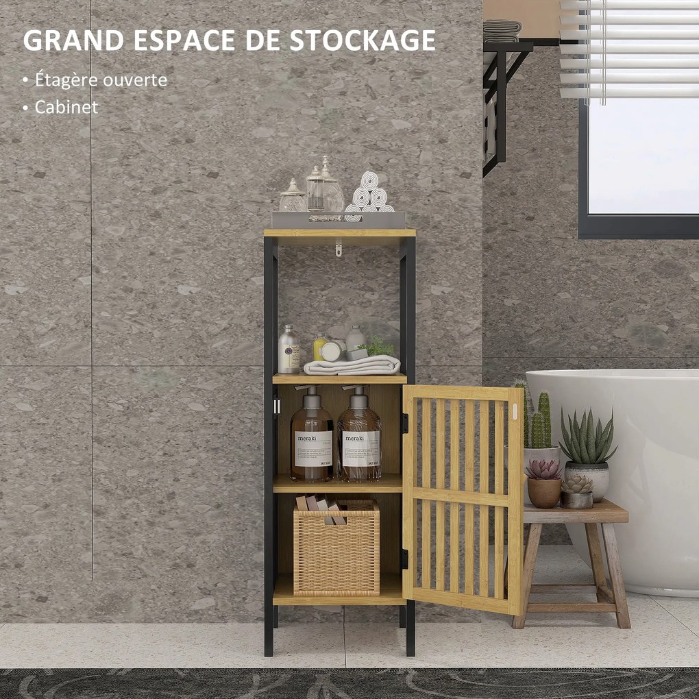 HOMCOM Alacsony Bambusz Fürdőszekrény 1-ajtós Szekrénnyel és Nyitott Félhellyel 32 x 30 x 90,5 cm, Fekete és Fa | Aosom