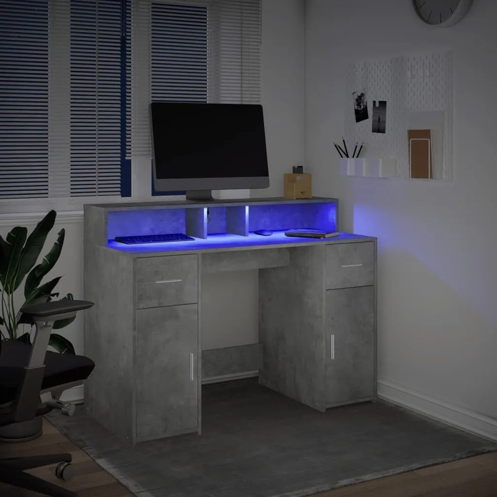 betonszürke szerelt fa íróasztal LED-világítással 120x55x91 cm