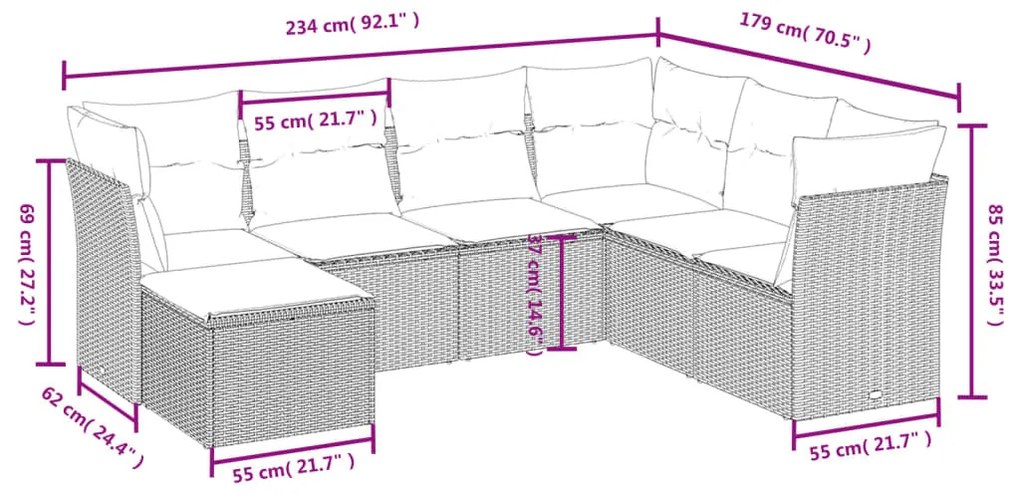 7 részes szürke polyrattan kerti ülőgarnitúra párnákkal