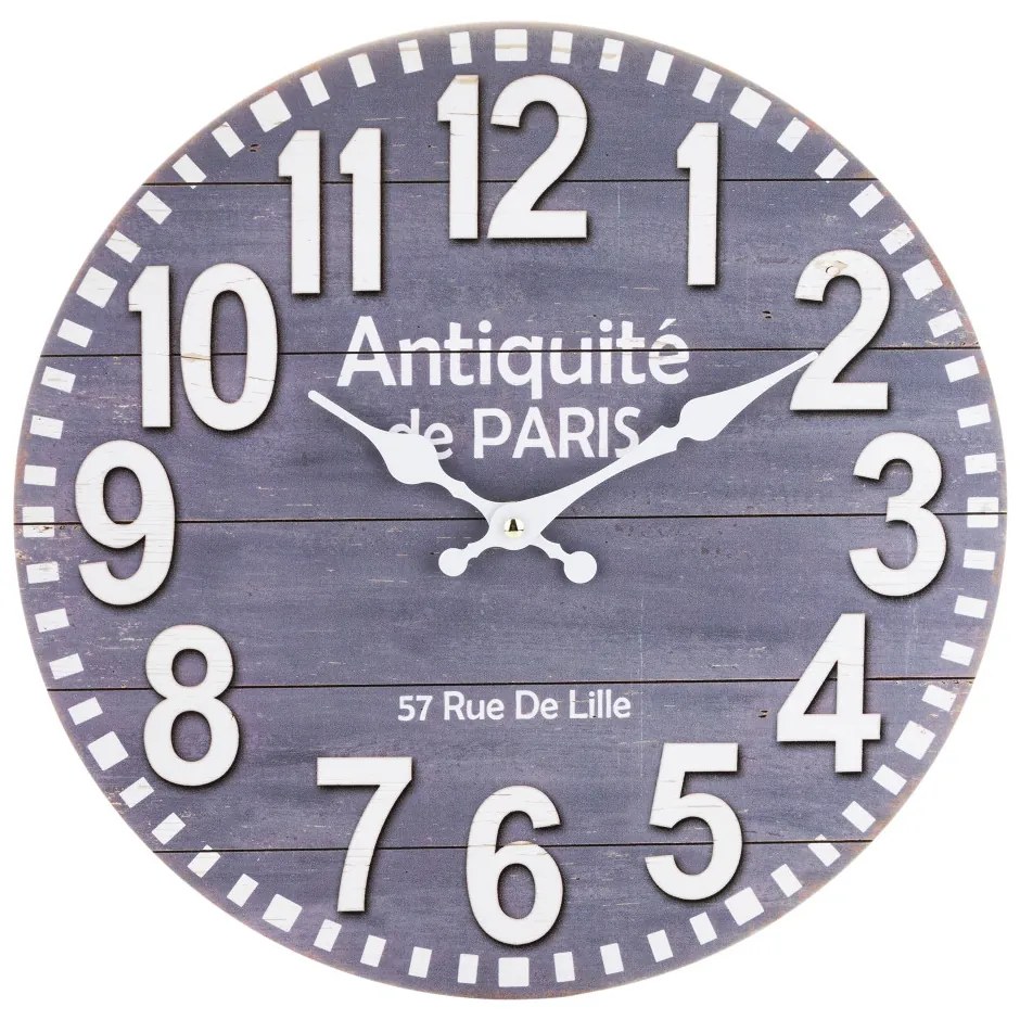 Antiquité Paris világos szürke fa hatású koptatott vintage kvarc falióra arab számokkal 34x34x2,5cm