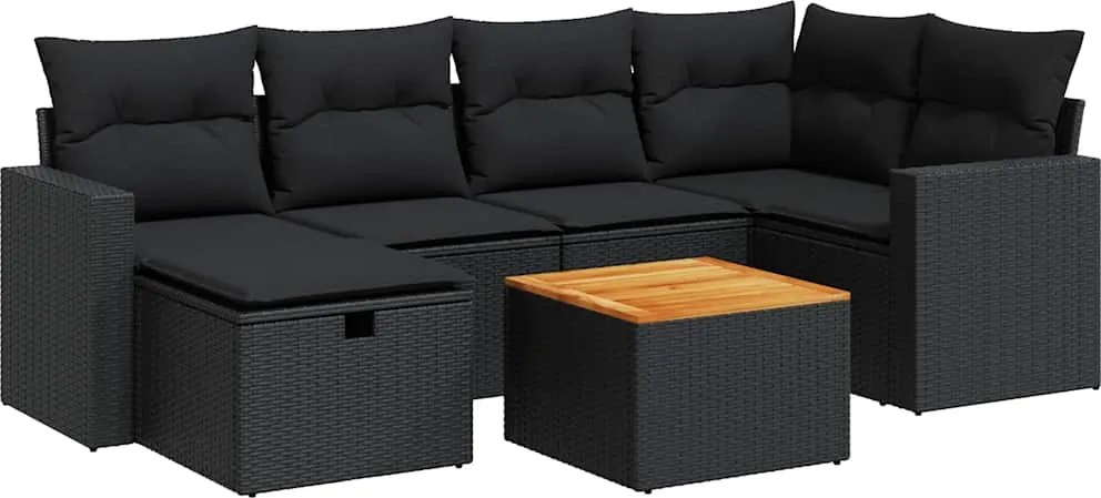 vidaXL 7 részes fekete polyrattan kerti ülőgarnitúra párnával