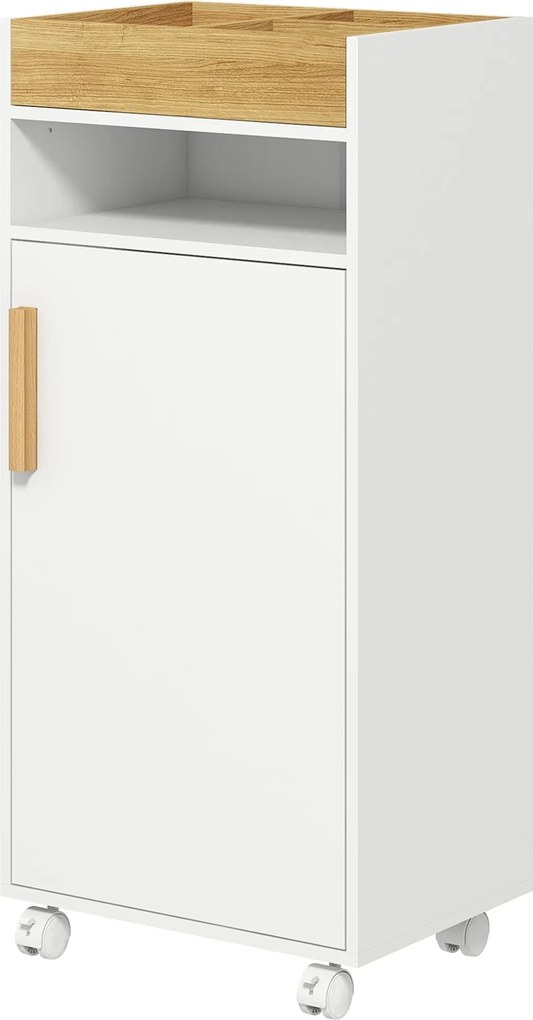 Kleankin Modern Fürdőszobai Szekrény Segédoszlop, Fürdőszoba Padló Szekrény Állítható Polcokkal, Levehető Tálcával és Kerekekkel, 40x30x88 cm Fehér és