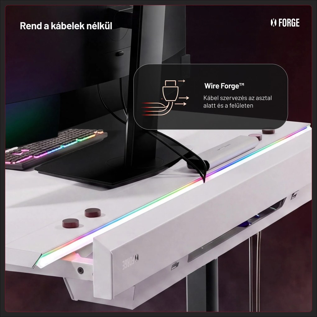 Elektromos RGB gamingasztal tartókkal, fehér-fekete, 140 cm: Diablo X-Forge 1400