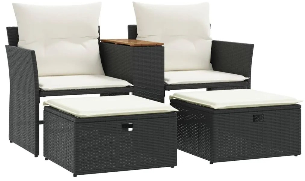 2 személyes fekete polyrattan kerti kanapé zsámollyal