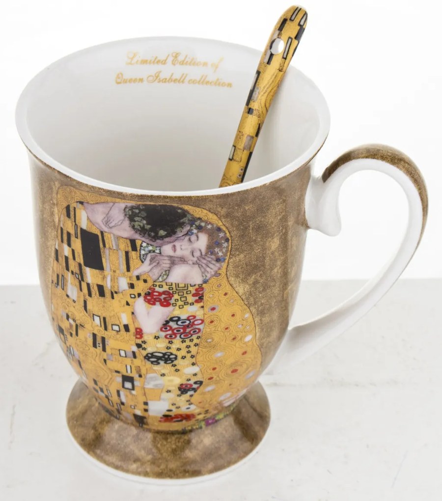 Bögre kanállal, porcelán, többszínű, 10,5x11,5x8,5, kanál, 12,5 cm Klimt: A csók