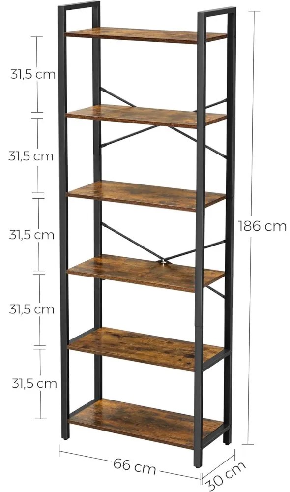 Könyvespolc, álló polc, rusztikus barna 66x30x186cm