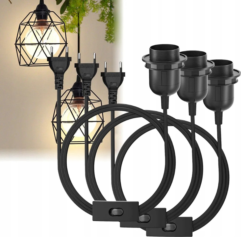 3M Lámpakapcsoló kábel fekete E27-es izzó foglalat kapcsolóval