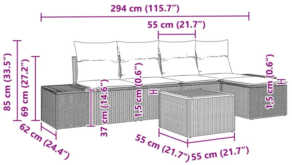 6 darabos Kerti Kanapészett Párnákkal Bézs Poli Rattan Akác