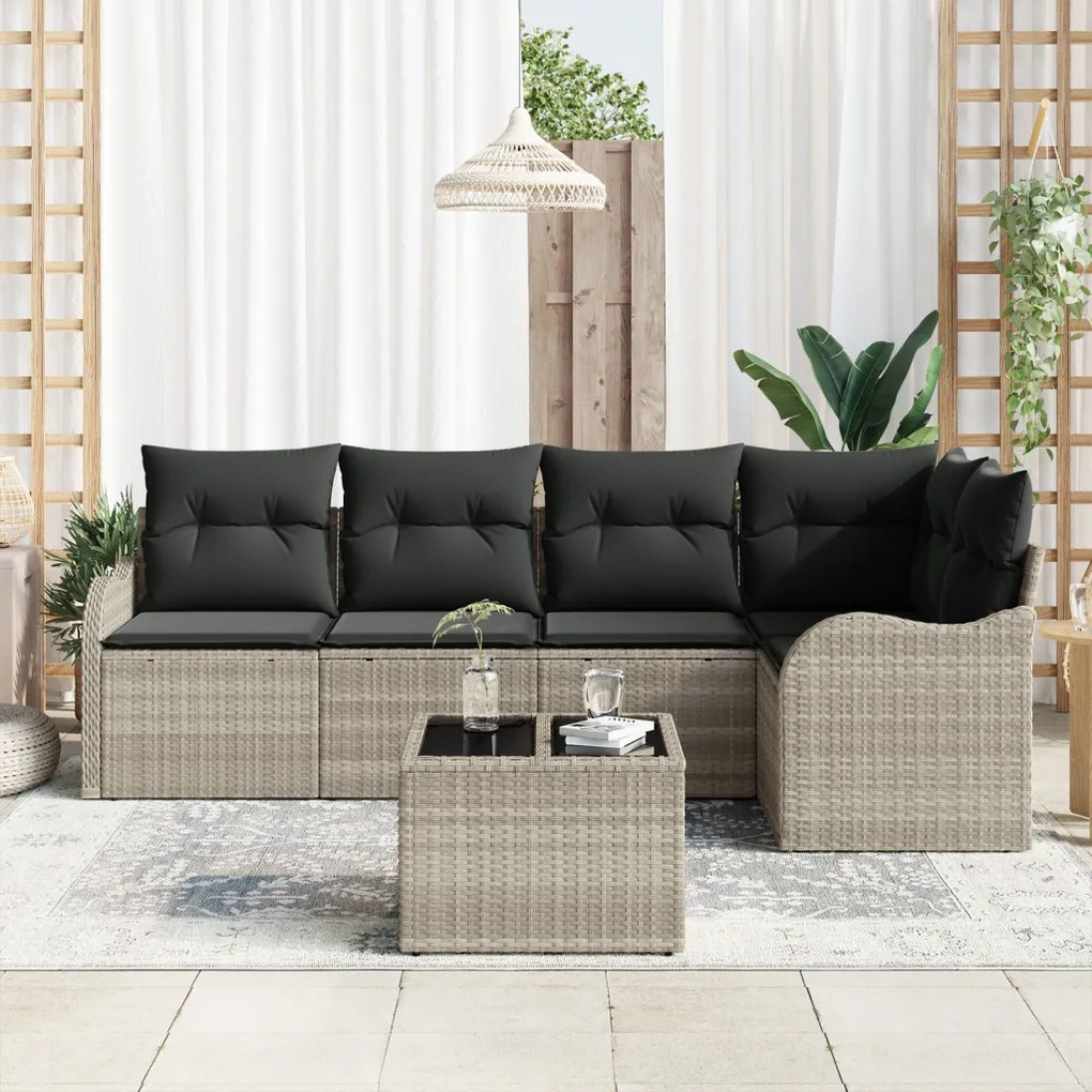 6 darabos kertibútor szett párnákkal szürke poly rattan, 2 személyes kertibútor párnákkal világosszürke poly rattan