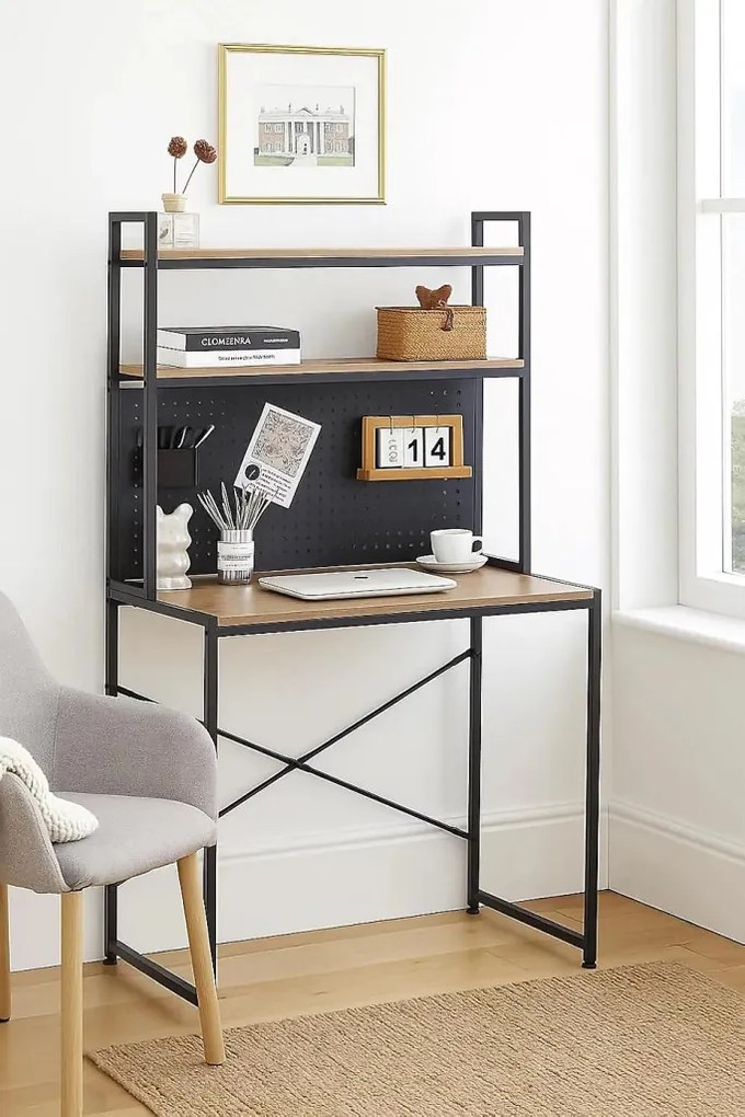 Polcos íróasztal / számítógépasztal mágnestáblával 84×50 cm, masszív fém vázzal, fekete–modern tölgy – Intenso Home