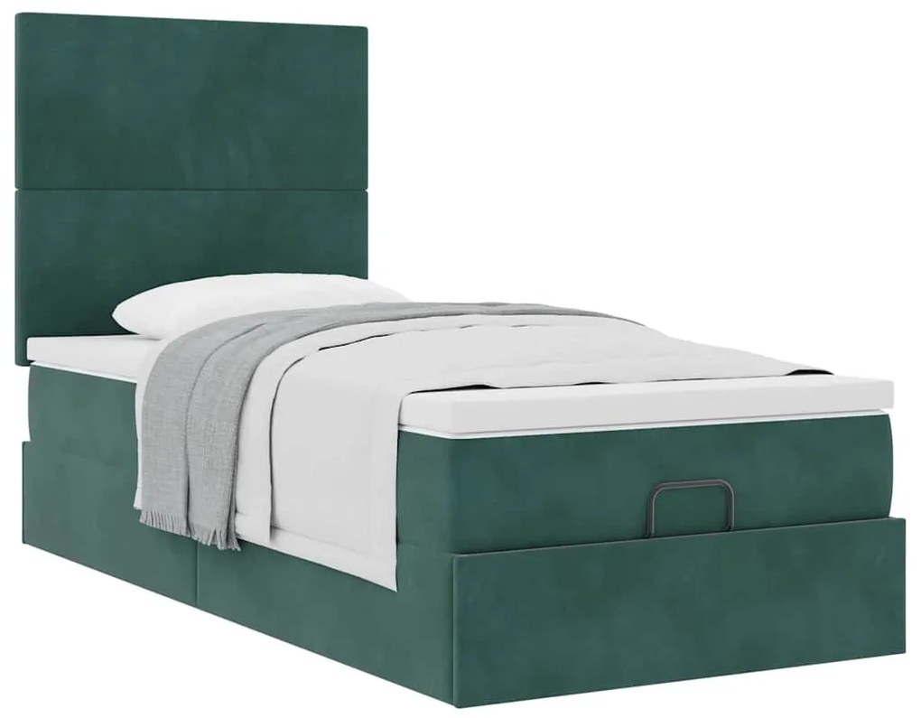 Ottomán ágykeret matracokkal sötétzöld 80x200cm bársony