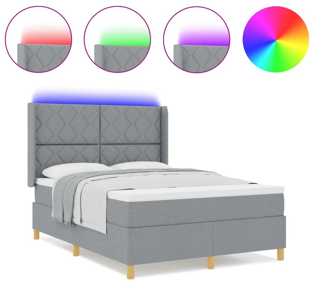 Boxspring Ágy Mattal és LED Fénnyel Szürke 140x200 cm Szövet