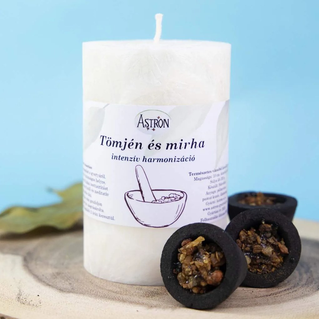 Tömjén és mirha - Tisztító gyertya (320g) + Tömjén és Mirha füstölő gyanta szén pohárban (3x10g)|