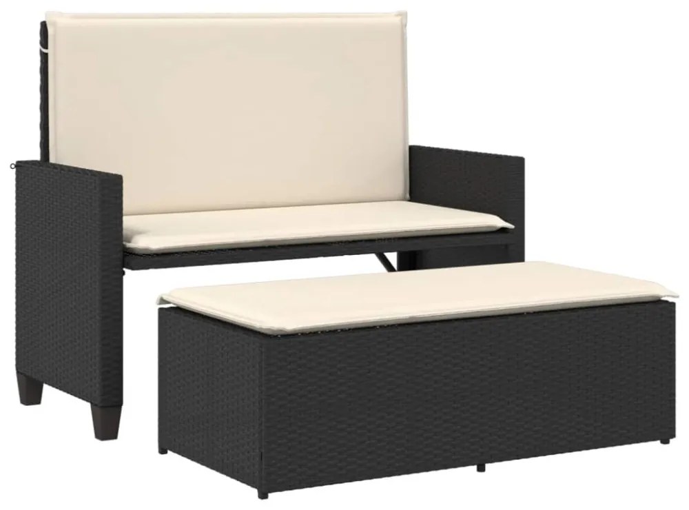 fekete polyrattan kerti pad párnákkal és lábtartóval