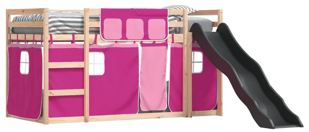 rózsaszín emeletes ágy csúszdával és függönnyel 90 x 200 cm